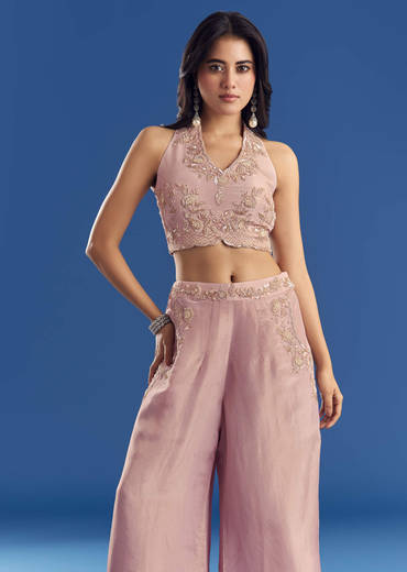 Gleaming Tissue Croptop And Palazzo Set With Beadwork