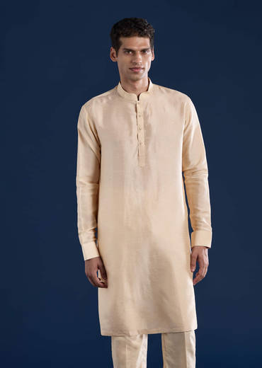 Gold Art Silk Jacket Kurta Set with Dori Work