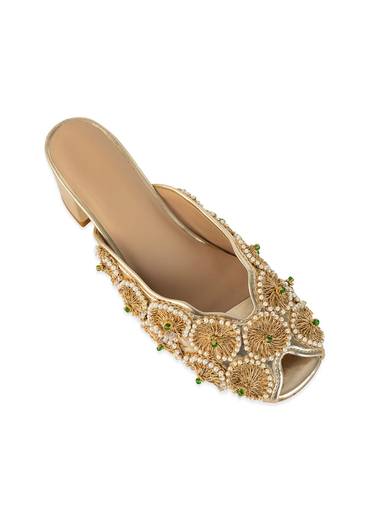 Gold Bead Embellished Faux Leather Mules
