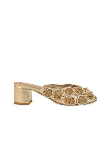 Gold Bead Embellished Faux Leather Mules