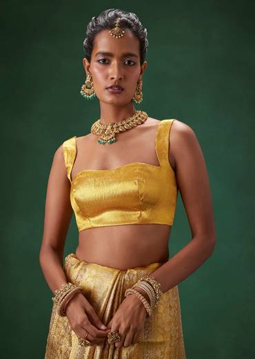 Gold Bridal Kanjivaram Floral Jaal Weave Saree with Unstitched Blouse