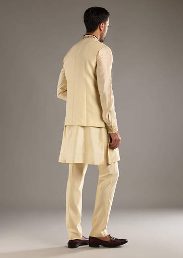 Gold Chanderi Linen Kurta Jacket Set For Men With Dori Work