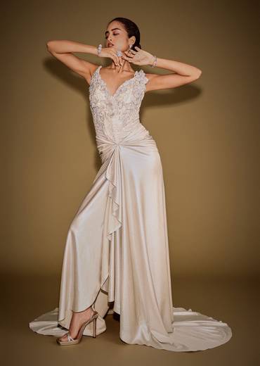 Gold Corset Embellished Gown With Sheer Drape And 3D Floral Detailing