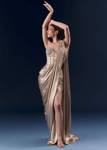 Gold Crepe Crop Top And Drape Skirt Set With Embroidery