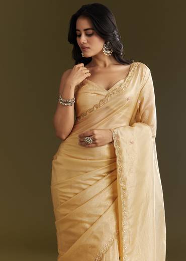 Gold Crushed Tissue Saree With Floral Embroidery And Scallop Border