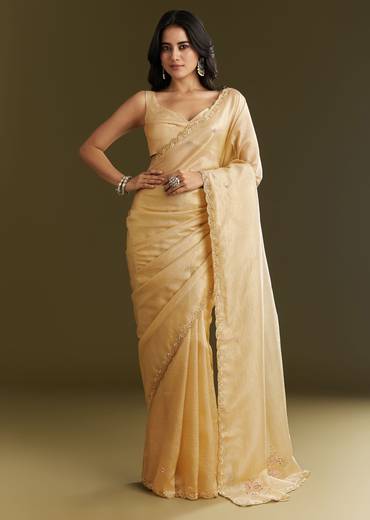Gold Crushed Tissue Saree With Floral Embroidery And Scallop Border