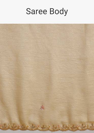 Gold Crushed Tissue Saree With Floral Embroidery And Scallop Border