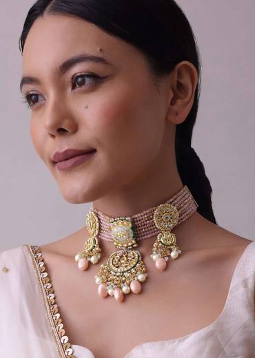 Gold-Finish Kundan Choker Necklace Set With Multicolor Meenakari Work In Mix Metal