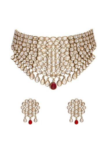 Gold Finish Kundan Bridal Choker Set With Ruby Drop