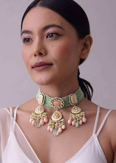Gold-Finish Green-Stone Kundan Choker Necklace Set With Colourful Meenakari Work In Mix Metal