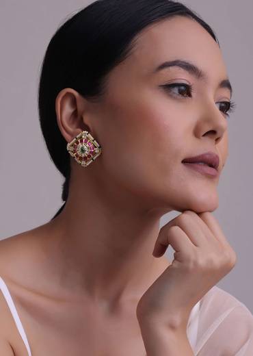 Gold-Finish Jadau Kundan Choker Set With Red-Green Stones And Elegant Studs In Mix Metal