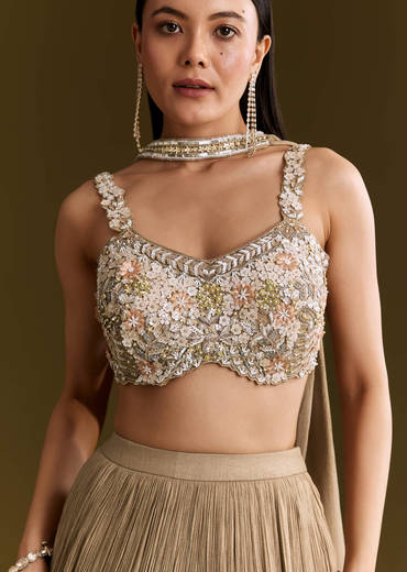 Gold French Tissue Lehenga With Sequins And Choker Dupatta