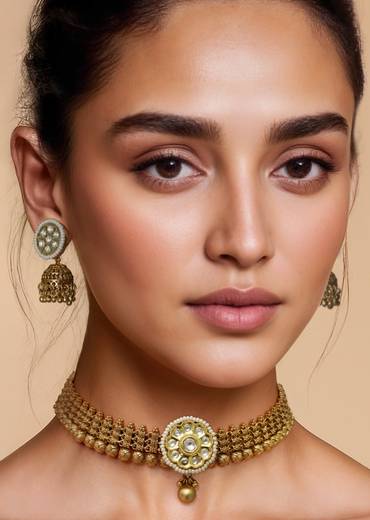 Gold Rajwadi Kundan Necklace and Earring Set