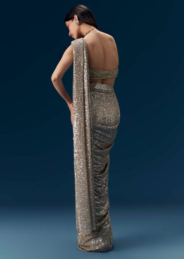 Gold Ready Pleated Sequin Net Saree with Blouse