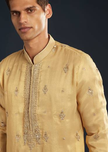 Gold Tissue Kurta Set With Sequin Embroidery