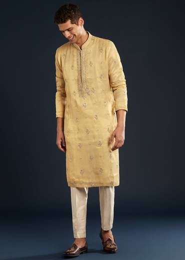 Gold Tissue Kurta Set With Sequin Embroidery