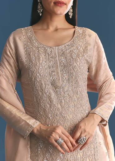 Gold Tissue Kurta Sharara Set With Beads And Sequins Work