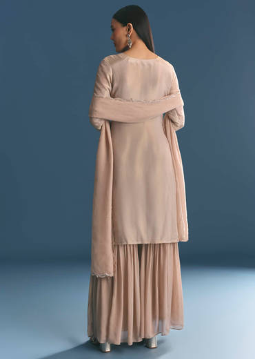 Gold Tissue Kurta Sharara Set With Beads And Sequins Work