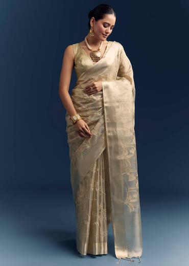 Gold Tissue Organza Saree With Zari And Resham Work