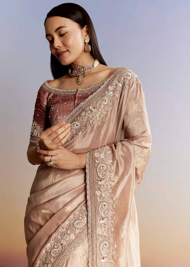 Gold Tissue Saree With Heavy Embroidered Border And Blouse