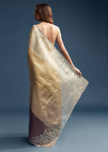 Gold Tissue Saree With Mirror Embroidery