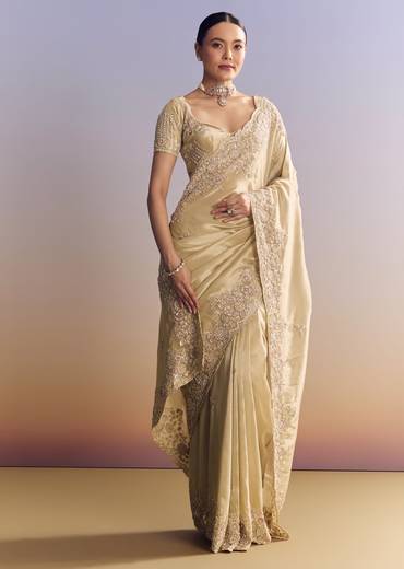 Gold Tissue Silk Saree With Scallop Border And Rich Embroidered Unstitched Blouse