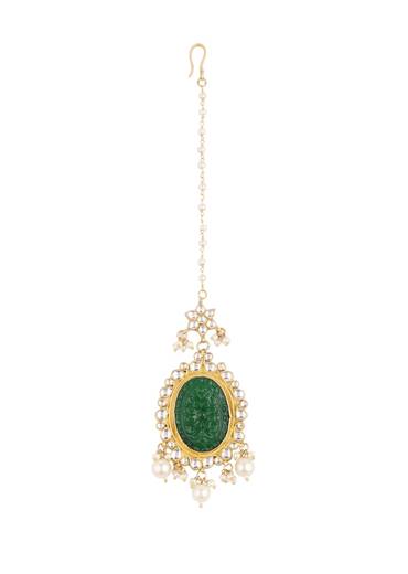 Gold Finish Carved Emerald Green Kundan Polki Bridal Choker Set