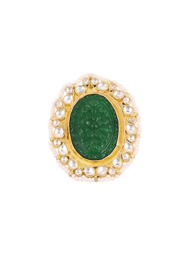 Gold Finish Carved Emerald Green Kundan Polki Bridal Choker Set