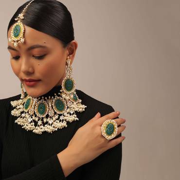 Gold Finish Carved Emerald Green Kundan Polki Bridal Choker Set