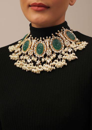 Gold Finish Carved Emerald Green Kundan Polki Bridal Choker Set