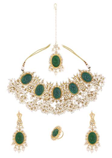 Gold Finish Carved Emerald Green Kundan Polki Bridal Choker Set