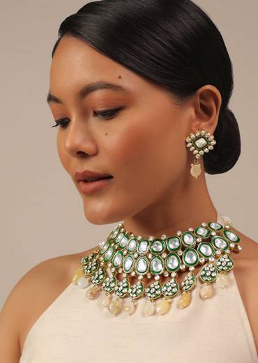 Gold Finish Green Kundan Polki Bridal Choker Set With Stones