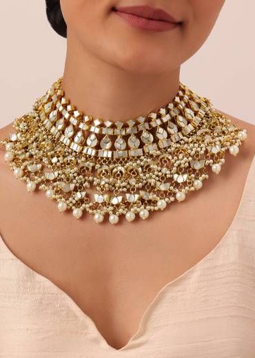 Gold Finish Kundan Polki Bridal Choker Set With Pearls