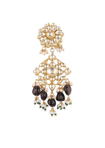 Gold Finish Kundan Polki Black Necklace Set With Beads, Stones, And Pearls