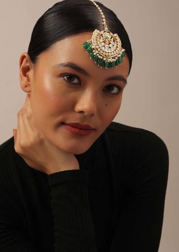 Gold Finish Kundan Polki Choker Set With Green Drops