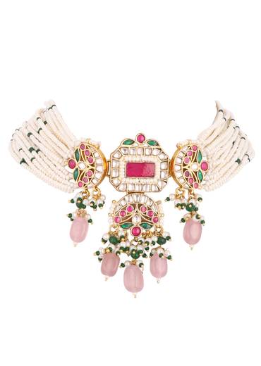 Gold Finish Kundan Polki Choker Set With Peach Drops
