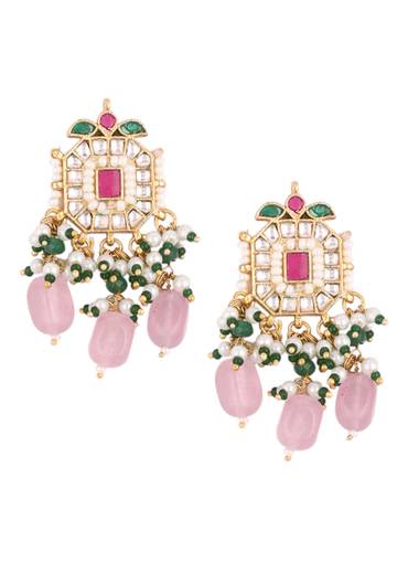 Gold Finish Kundan Polki Choker Set With Peach Drops