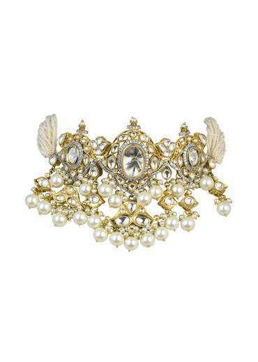 Gold Finish Kundan Polki Choker And Earrings Set In Mix Metal