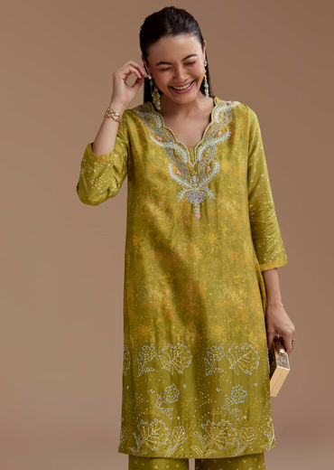 Green Abstract Print Silk Kurta and Palazzo Set