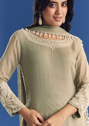 Green Beaded Kurta Pant Set With Dupatta In Georgette