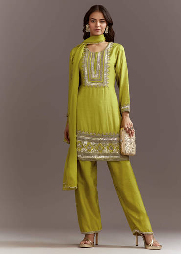 Green Beads And Sequins Work Kurta Set With Organza Dupatta