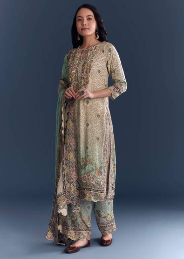 Green Beige Ombre Crepe Kurta Set With Floral Print