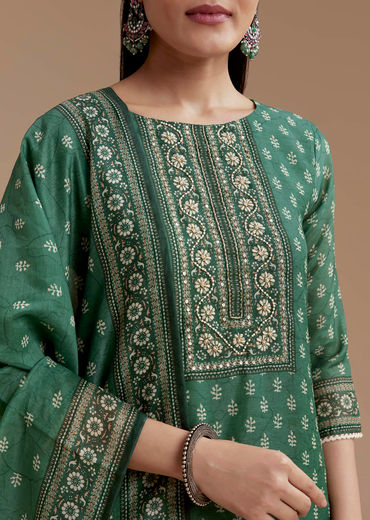 Green Chanderi Block Print Kurta Set