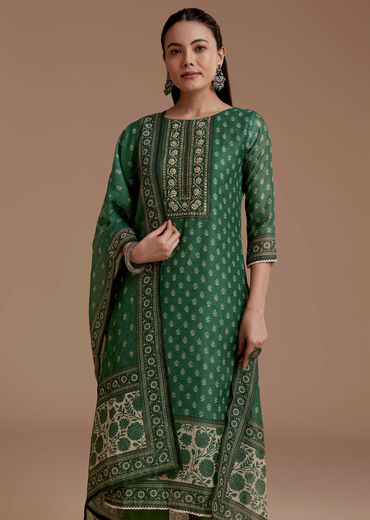 Green Chanderi Block Print Kurta Set