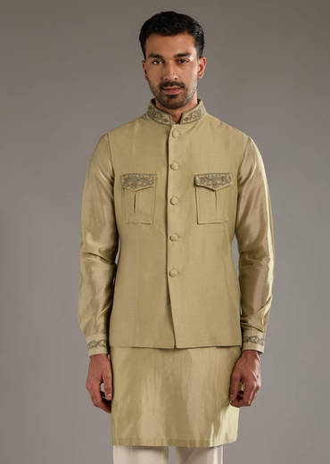 Green Chanderi Linen Kurta Jacket Set For Men With Dori Work