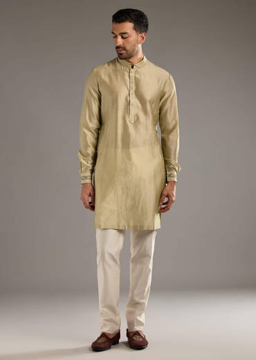 Green Chanderi Linen Kurta Jacket Set For Men With Dori Work