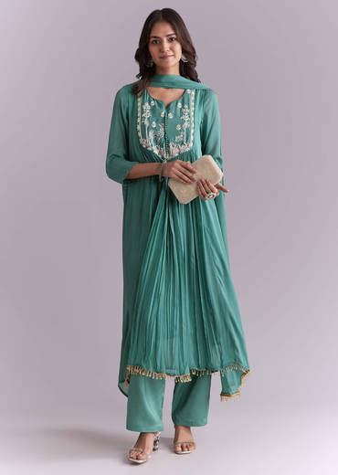 Green Chinon Anarkali Suit With Sequin And Resham Embroidery