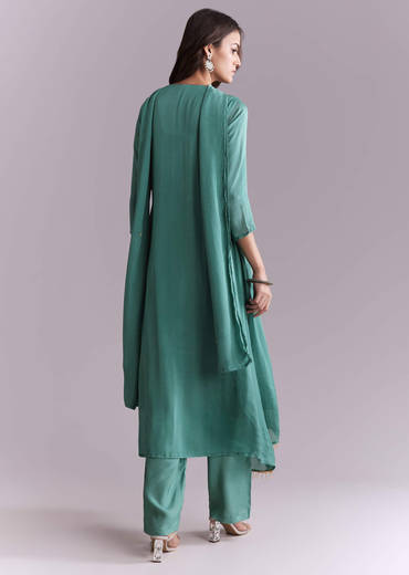 Green Chinon Anarkali Suit With Sequin And Resham Embroidery