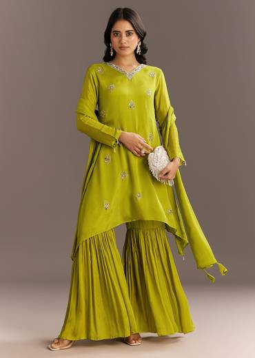 Green Chinon Asymmetrical Cut Kurta Sharara With Dupatta