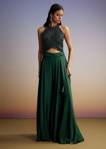 Green Chinon Crop Top Set With Sequins Work And Dupatta